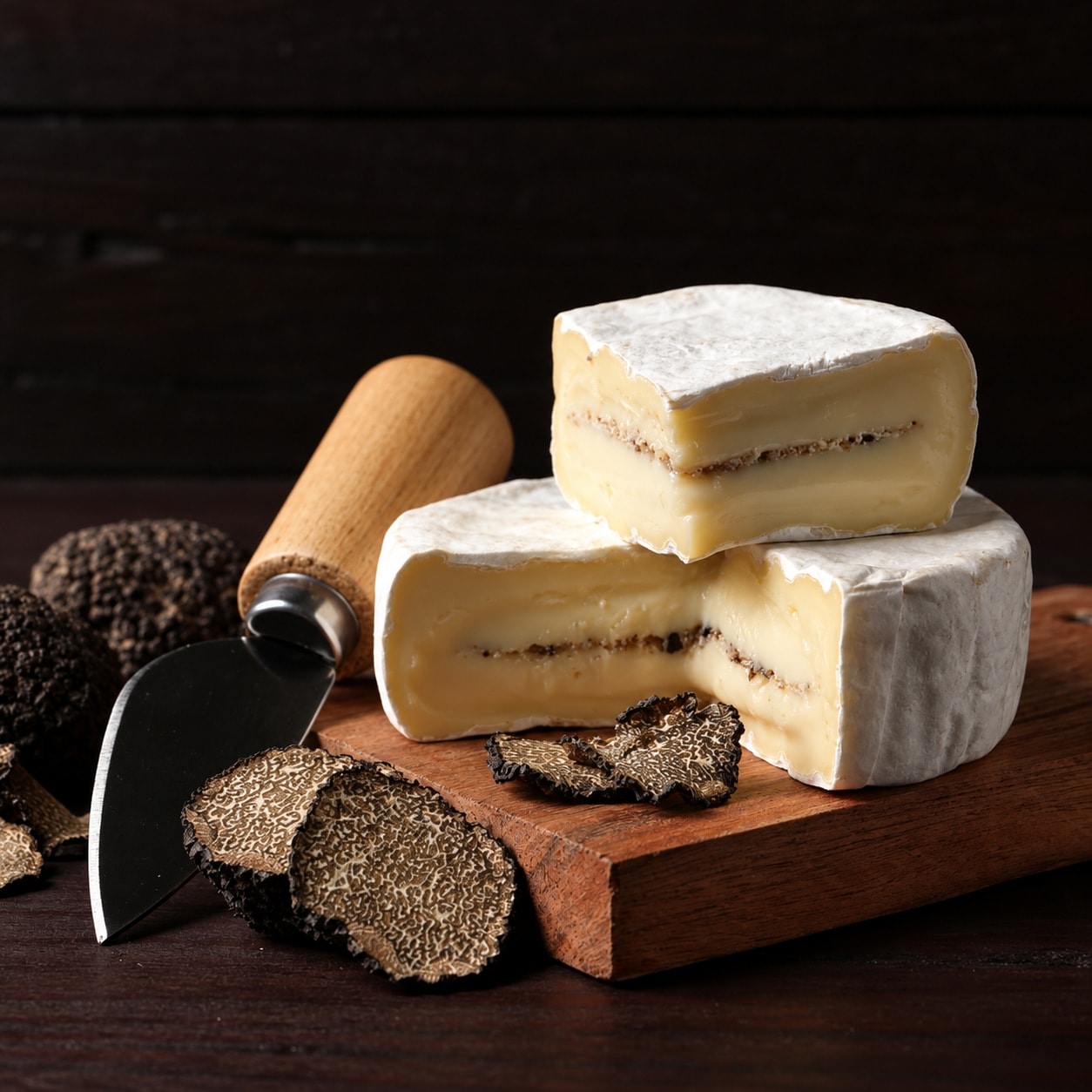 Brie truffé maison coupé en deux, tranche de truffe noire disposée sur une planche en bois