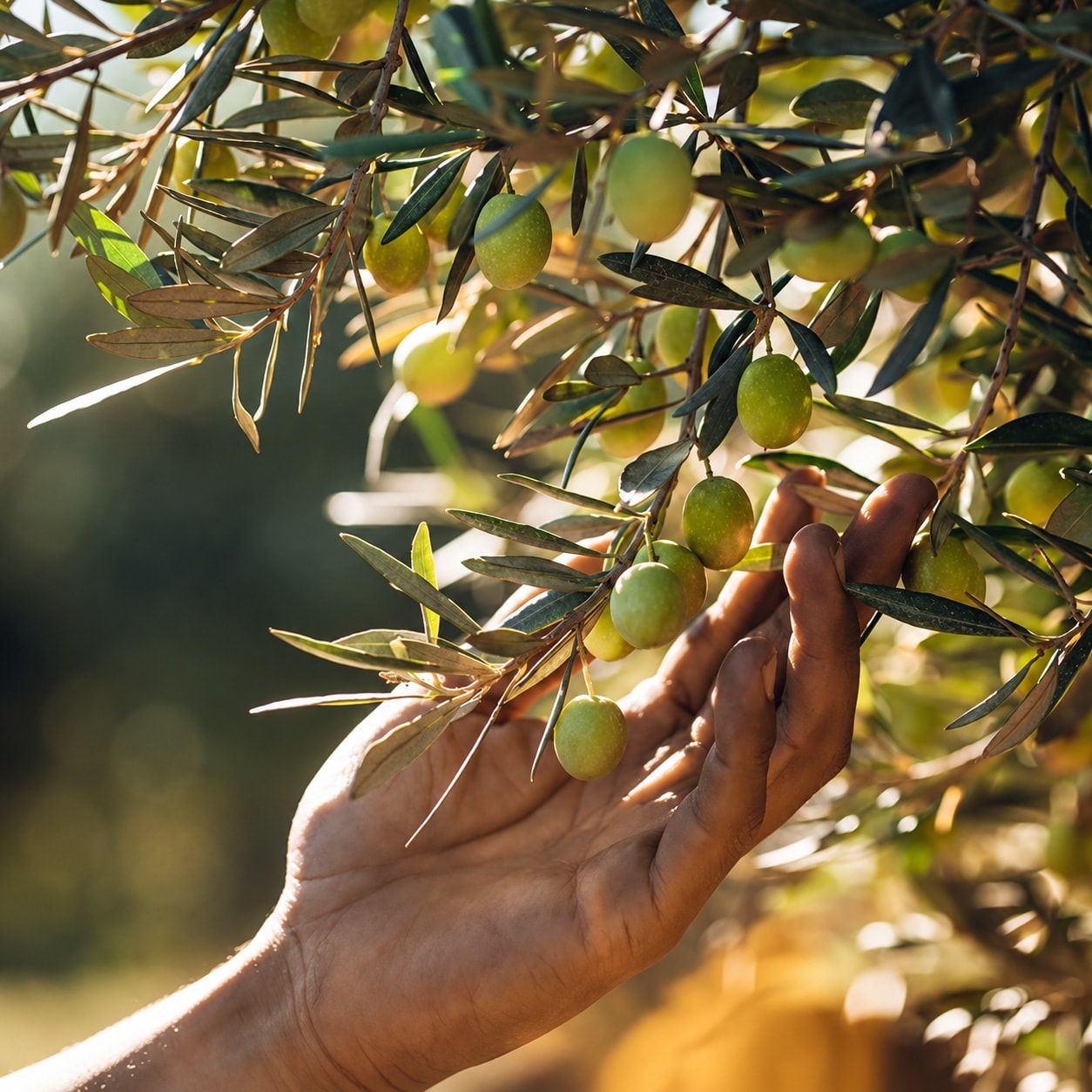Cueillette à la main d’olives vertes sur un olivier de Provence, à contre-jour